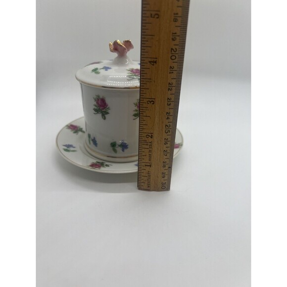 Vtg. White Porcelain Blue Pink Roses Jam Jar Sugar Bowl & Lid Floral UndePlate - Picture 9 of 14